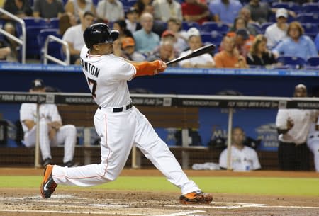 Miami Marlins' Stanton hits a home run against the Los Angeles Dodgers during their MLB National League baseball game in Miami