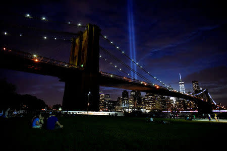 FILE PHOTO -- The Tribute in Light memorial is seen in the Manhattan skyline from Brooklyn Bridge Park in Brooklyn, New York, September 10, 2016. REUTERS/Mark Kauzlarich/File photo