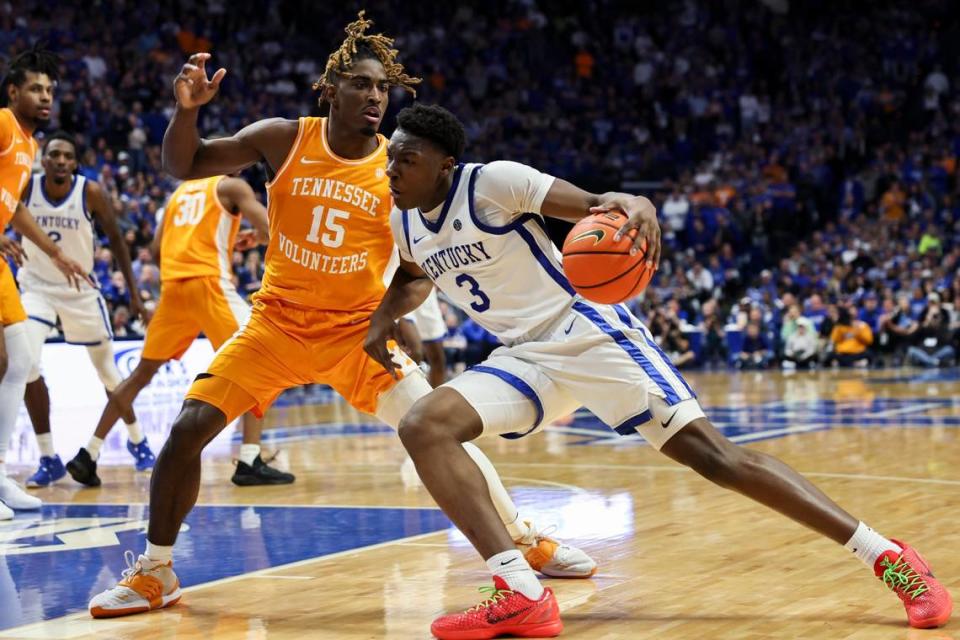 Kentucky forward Adou Thiero (3) had nine points, six rebounds and three assists in UK’s 103-92 loss to Tennessee at Rupp Arena last month.