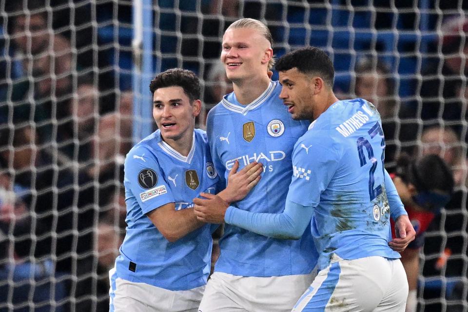 Erling Haaland netted Man City’s third goal to keep up his goalscoring form (AFP via Getty Images)