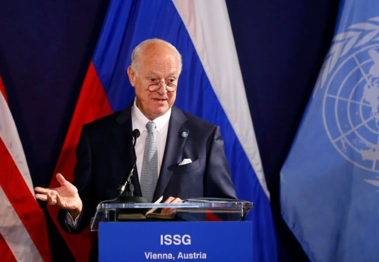 United Nations special envoy on Syria Staffan de Mistura speaks during a press conference in Vienna, Austria, on May 17, 2016