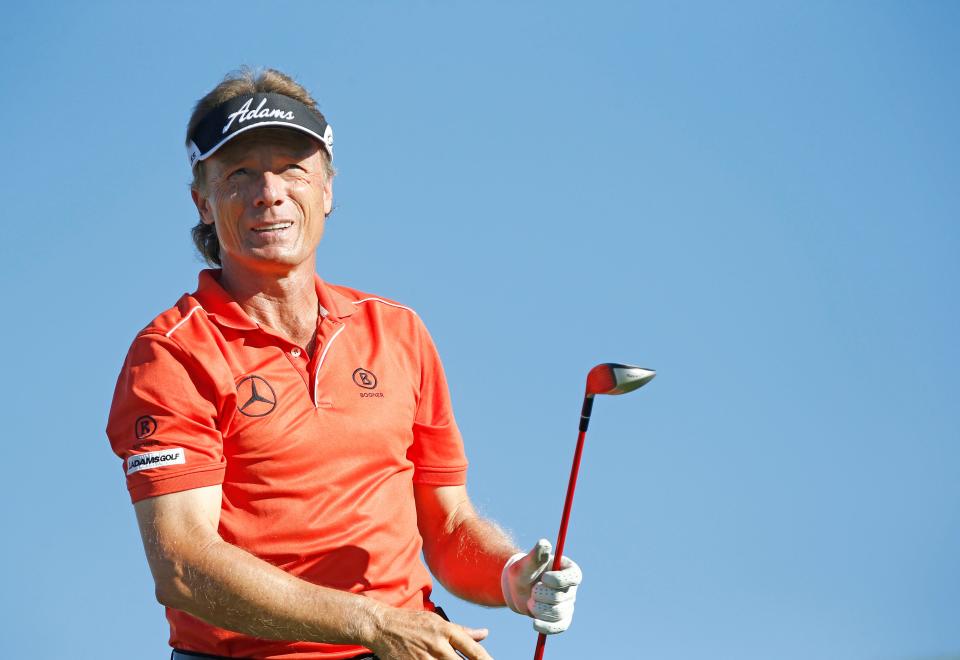 
Bernhard Langer hits his drive at the first hole during the Pro-Am at the Charles Schwab Cup Championships Tour on Wednesday, Oct. 29, 2014, on the Cochise Course at Desert Mountain Golf Club in Scottsdale, Ariz. 
