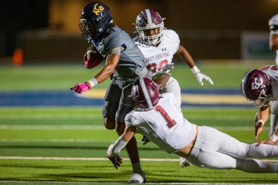 Gautier’s Chris McCann gets tackled during a game against East Central at Gautier High School in Gautier on Friday, Oct. 20, 2023.