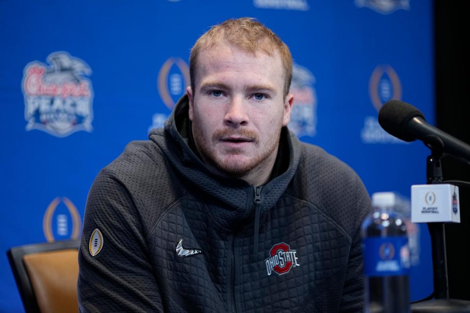 Dec 29, 2022; Atlanta, GA, USA;  Ohio State Buckeyes linebacker Tommy Eichenberg speaks during media day for the Peach Bowl. Mandatory Credit: Adam Cairns-The Columbus Dispatch