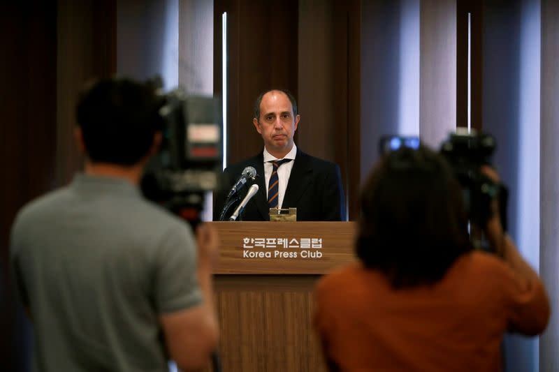 FILE PHOTO: Special Rapporteur on the situation of human rights in North Korea Tomas Ojea Quintana speaks during a news conference in Seoul