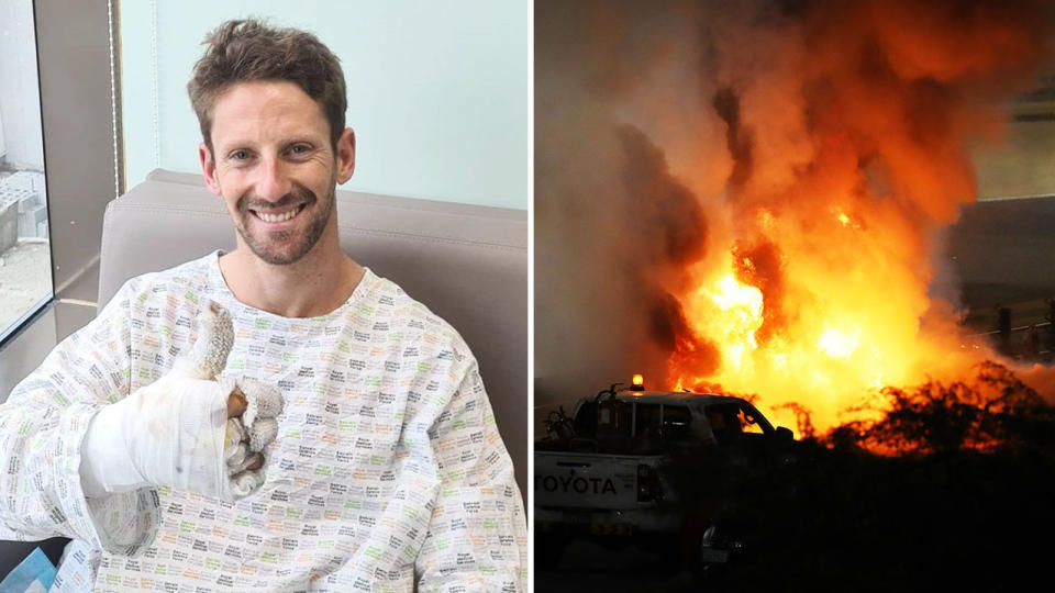 Romain Grosjean (pictured left) in hospital and (pictured right) involved a horrifying crash at the F1 GP in Bahrain.