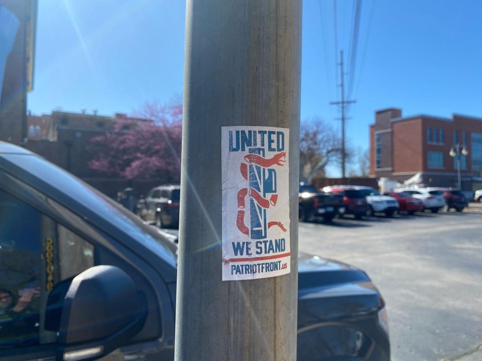 Patriot Front stickers found on posts in the Chesterfield Village area in southwest Springfield on Monday, March 18, 2024. The stickers promote a white supremacist hate group and have been found across town in recent days.