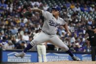 Los Angeles Dodgers starting pitcher Julio Urias throws during the first inning of a baseball game against the Milwaukee Brewers Monday, Aug. 15, 2022, in Milwaukee. (AP Photo/Morry Gash)