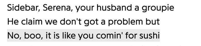 screenshot of the lyric: "sidebar, serena, your husband a groupie"