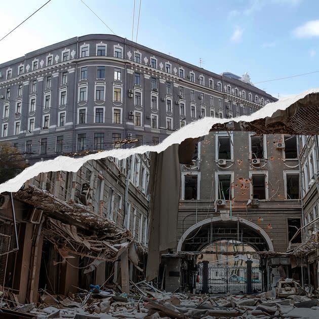 The art nouveau and neoclassical-style Palace of Labor is an illustrious part of the architectural ensemble of Kharkiv’s Constitution Square. It is a former rental house, which, after the Bolsheviks conquered Ukraine, became an office for trade unions. Its architect, Hyppolite Prétreaus, perished in 1937 during the Stalinist terror. A Russian airstrike in the spring of 2022 destroyed Constitution Square and damaged the building's facades, windows and roof. (Photo: Before: Wikimedia Commons; After: redpost.com.ua / Ukrainian Institute)