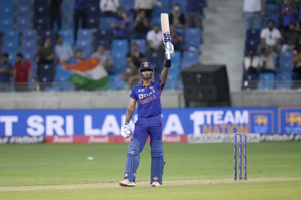 India's Suryakumar Yadav celebrates after scoring fifty during the T20 cricket match of Asia Cup between India and Hong Kong, in Dubai, United Arab Emirates, Wednesday, Aug. 31, 2022. (AP Photo/Anjum Naveed)