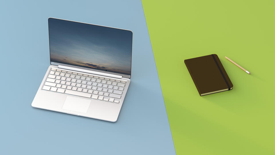 Laptop next to notebook, 3d rendering