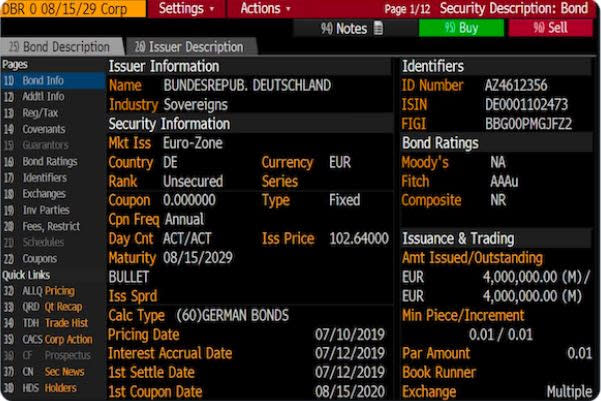 Bloomberg terminal screenshot showing German bond with negative return.