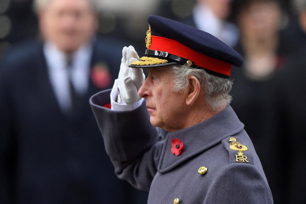 Britain's King Charles III attends the Remembrance Sunday ceremony at the Cenotaph on Whitehall in central London, on November 13, 2022. - Remembrance Sunday is an annual commemoration held on the closest Sunday to Armistice Day, November 11, the anniversary of the end of the First World War and services across Commonwealth countries remember servicemen and women who have fallen in the line of duty since WWI. (Photo by TOBY MELVILLE / POOL / AFP) (Photo by TOBY MELVILLE/POOL/AFP via Getty Images)