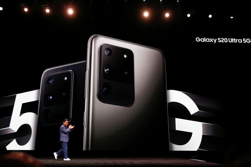 FILE PHOTO: TM Roh of Samsung Electronics unveils the Galaxy S20 Ultra 5G smartphone during Samsung Galaxy Unpacked 2020 in San Francisco