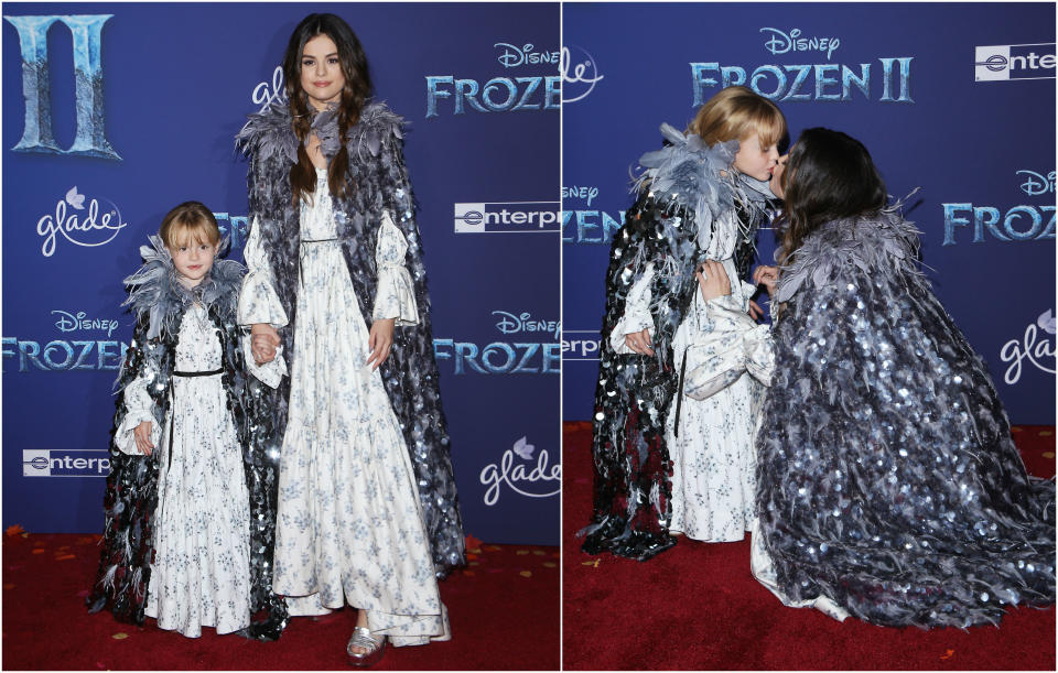 Vestidas de Marc Jacobs, como si fueran Elsa y Anna, así llegaron Selena Gomez y su hermana pequeña a la alfombra roja de 'Frozen 2'. Gracie Elliot Teefey tiene 6 añitos. (Foto: Michael Tran / Getty Images)