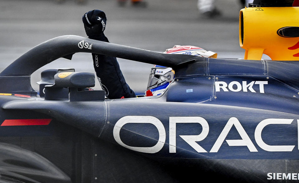 Red Bull Racing driver Max Verstappen, of the Netherlands, reacts after winning the Formula One Canadian Grand Prix race in Montreal, Sunday, June 9, 2024. (Graham Hughes/The Canadian Press via AP)