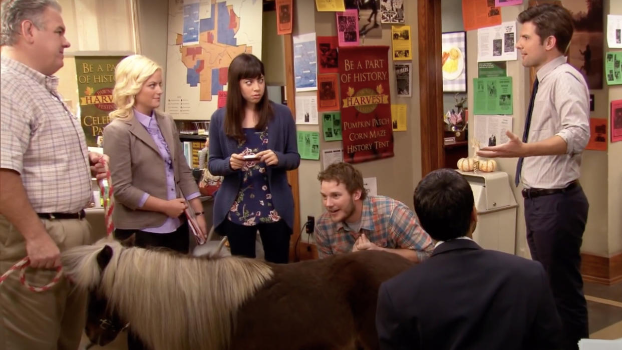  The Parks and Recreation cast admiring Lil Sebastian, a miniature horse  