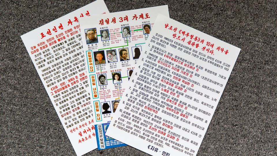 The leaflets include declarations of freedom for the North Korean people, and propaganda messages against dictator Kim Jong Un. - Charles Miller/CNN