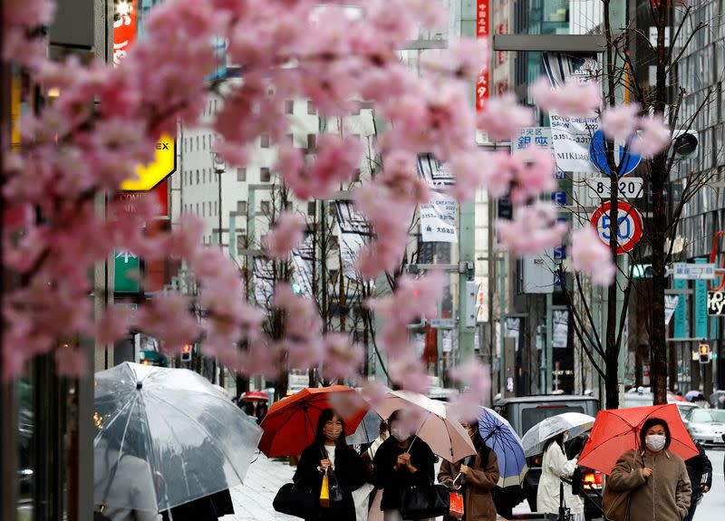 FILE PHOTO: Pedestrians wearing protective face masks walk at a shopping district in Tokyo