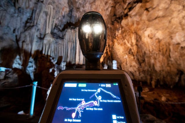 Persephone guides visitors inside Alistrati cave,  north-east of Thessaloniki, Greece