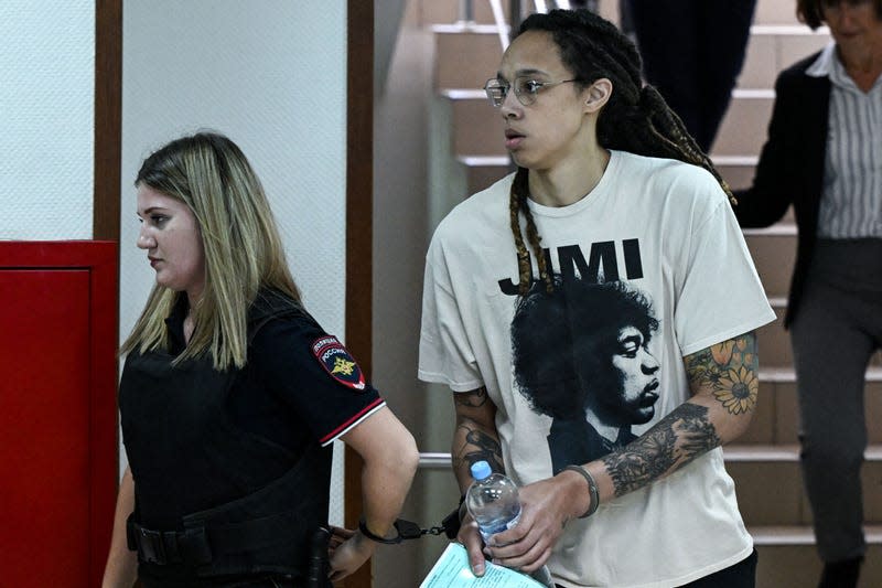 Brittney Griner arrives to a hearing at the Khimki Court, outside Moscow on July 1, 2022. - (Photo by Kirill KUDRYAVTSEV / AFP) (Photo by KIRILL KUDRYAVTSEV/AFP via Getty Images)