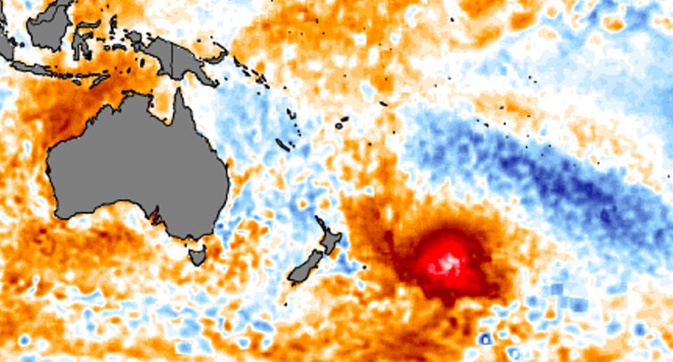 The area of warmer water may be due to a lack of winds, experts say. Pictured is a close-up of the blob next to New Zealand.