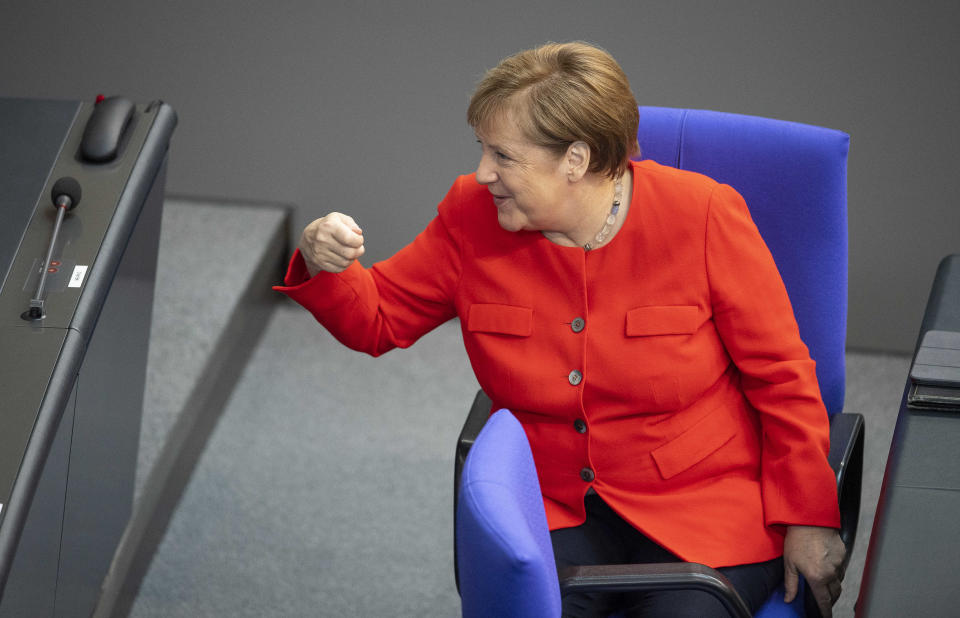 Berlin: Chancellor Angela Merkel giving a government declaration at the Bundestag on Germany's priorities for its upcoming presidency of the European Council on 18 June. Photo: Jan-Philipp Burmann/City-Press GmbH via Getty
