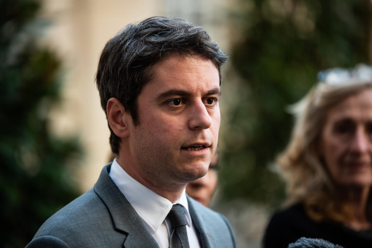 Prime Minister Gabriel Attal is speaking to the press at the Hotel de Matignon after the interministerial meeting dedicated to the security of educational institutions. He is accompanied by the Minister of Justice Eric Dupond-Moretti, the Minister of Culture Nicole Balloubet, and the Secretary of State with responsibility for city and citizenship, Sabrina Agresti Raubache, in Paris, France, on March 21, 2024. (Photo by Andrea Savorani Neri/NurPhoto via Getty Images)