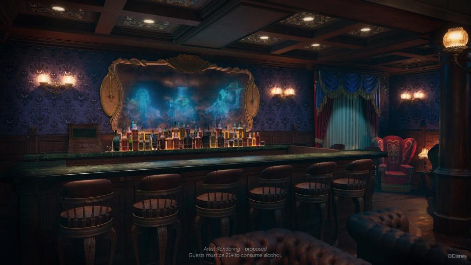 Disney Cruise Line reveals the Haunted Mansion Parlor, an all-new bar inspired by the iconic Disney Parks attraction, The Haunted Mansion. Foolish mortals will sip spirited craft cocktails among happy haunts for the first time inside this new venue on board the Disney Treasure when it sets sail in December 2024.  (Disney)

©Disney