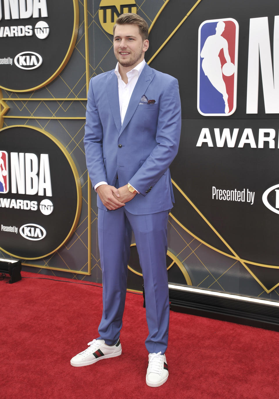 NBA player Luka Doncic, of the Dallas Mavericks, arrives at the NBA Awards on Monday, June 24, 2019, at the Barker Hangar in Santa Monica, Calif. (Photo by Richard Shotwell/Invision/AP)