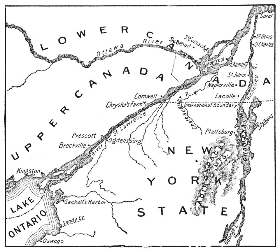 Vintage map showing early territorial borders and military positions in the St Lawrence area during the War of 1812. Vintage etching circa late 19th century. with Sacket's Harbor Sackett's Harbor New York NY N.Y.