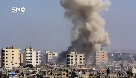 A still image taken from a video uploaded to a social media website, on February 25, 2017, purports to show air strikes in the rebel-held al-Waer area of Homs, Syria. Social Media/ via REUTERS TV