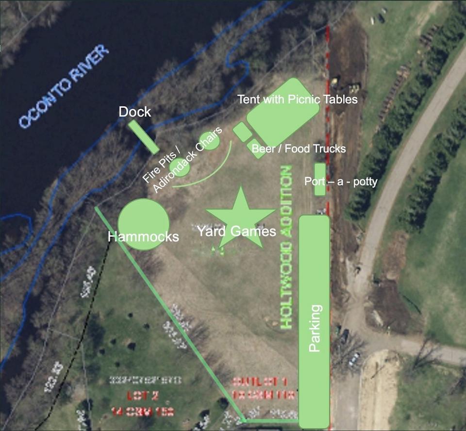 The tentative layout of the proposed beer garden on Holtwood Lane in Oconto. The green line at the left and bottom of the photo, added by the Oconto County Reporter, show the approximately property line.