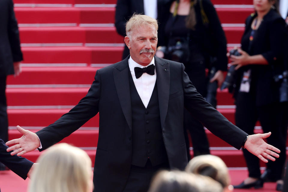 CANNES, FRANCE - MAY 19: Kevin Costner attends the "Horizon: An American Saga" Red Carpet at the 77th annual Cannes Film Festival at Palais des Festivals on May 19, 2024 in Cannes, France. (Photo by Andreas Rentz/Getty Images)