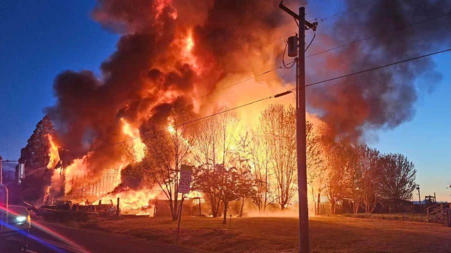 Crews from numerous districts responded to fight a 2-alarm fire near Amity, Oregon (Amity Fire District)