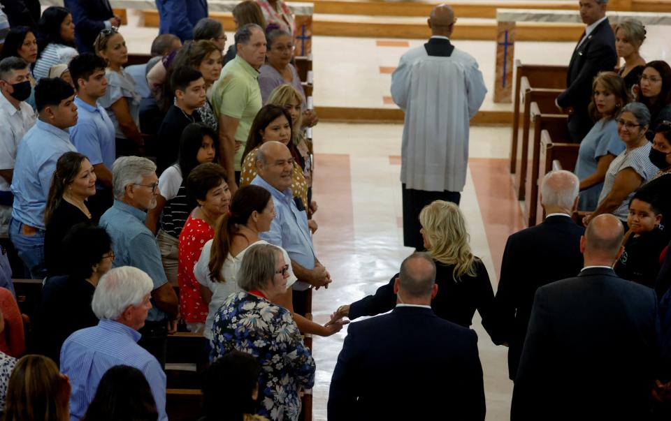 President Joe Biden and first lady Jill Biden attend mass at Sacred Heart Catholic Church after paying their respects at a memorial at the Robb Elementary School (REUTERS)