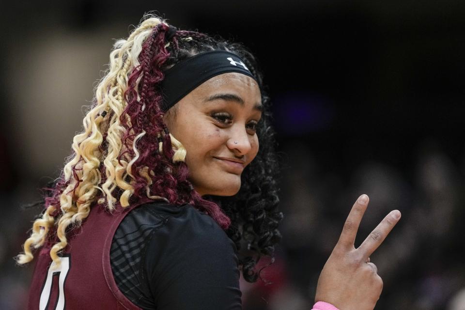 South Carolina's Te-Hina Paopao gestures to fans during practice for the NCAA Women's Final Four championship basketball game Saturday, April 6, 2024, in Cleveland. (AP Photo/Morry Gash)