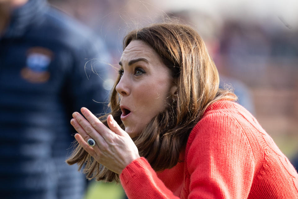 The Duchess of Cambridge tries her hand at Hurling as part of her visit to Salthill Knocknacarra GAA Club in Galway on the third day of her visit to the Republic of Ireland. (Photo by Aaron Chown/PA Images via Getty Images)