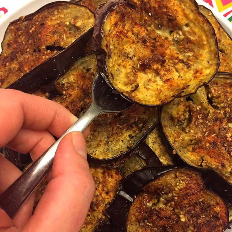 <p>Melanie Cooks</p><p>These spicy garlic eggplant slices are so delicious! Oven-roasted to perfection, each bite is bursting with flavor!</p><p><strong>Get the recipe: <a href="http://www.melaniecooks.com/spicy-garlic-roasted-eggplant/11865/" rel="nofollow noopener" target="_blank" data-ylk="slk:Spicy Garlic Oven Roasted Eggplant Slices;elm:context_link;itc:0;sec:content-canvas" class="link ">Spicy Garlic Oven Roasted Eggplant Slices</a></strong></p>