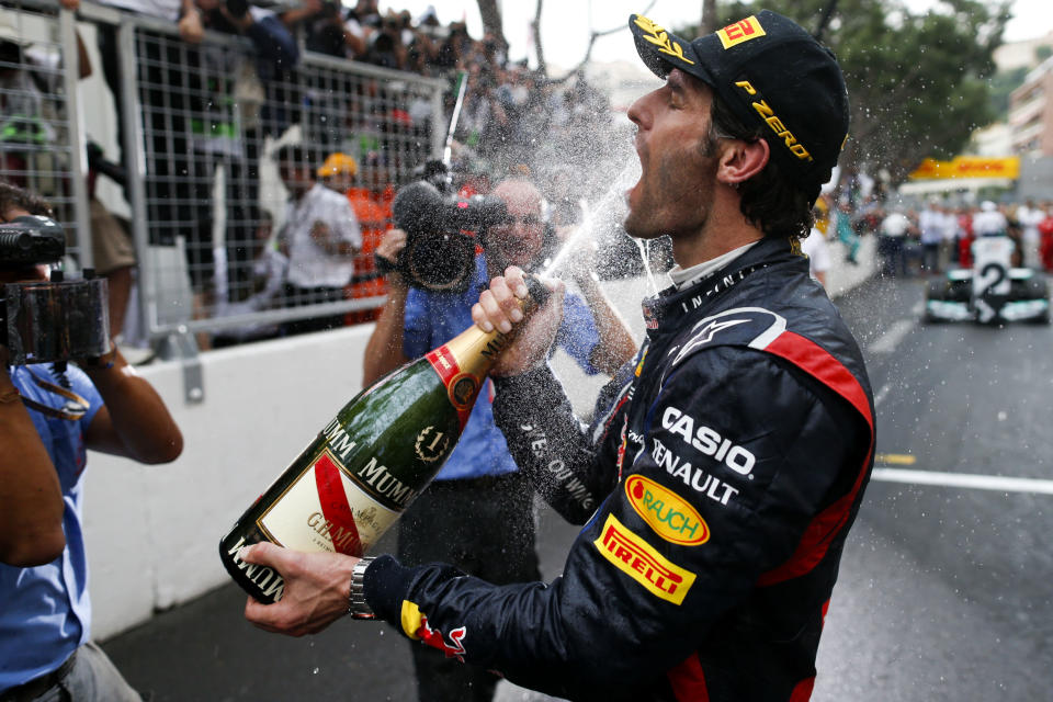 Mark Webber of Australia and Red Bull celebrates winning the Monaco Formula One Grand Prix at the Circuit de Monaco on May 27, 2012 in Monte Carlo, Monaco. (Peter J Fox/Getty Images)