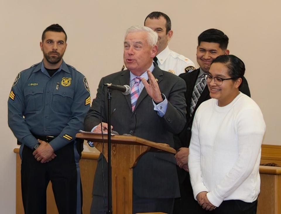 Somerset County Prosecutor John McDonald introduces Steffany Marroquin, the first Somerset County Police Scholarship recipient to enter the police academy.