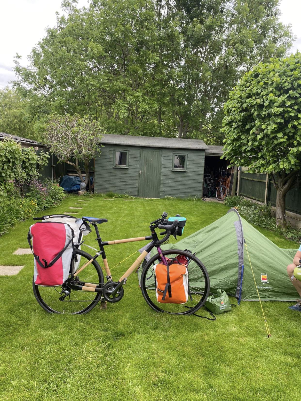 Kate Strong's bamboo bike and the camping gear she will be taking with her