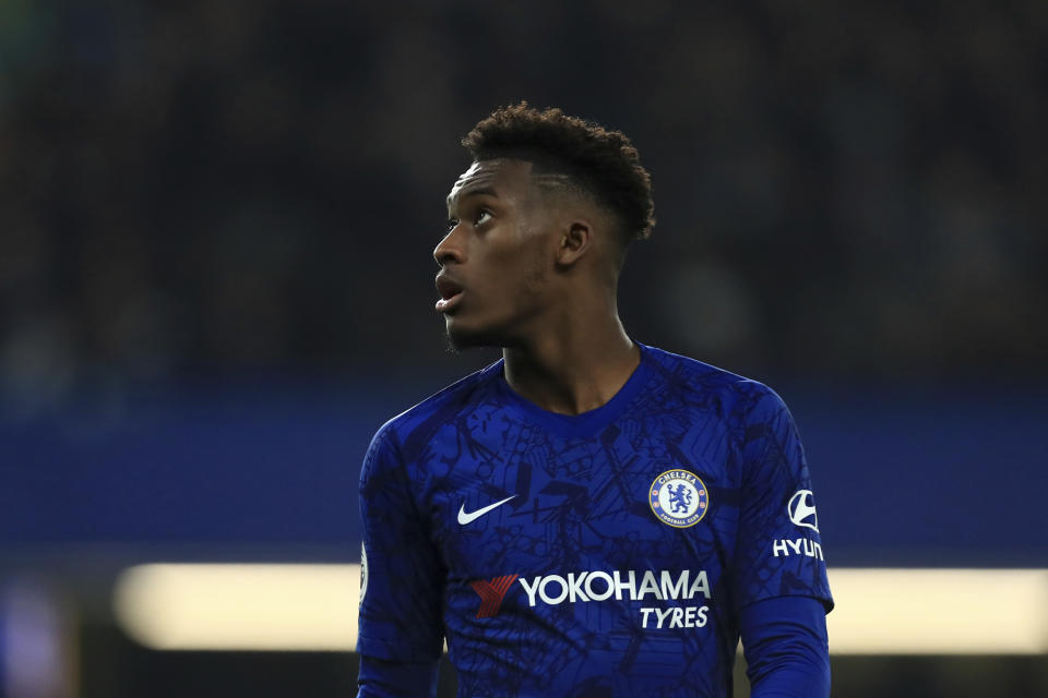 Chelsea's Callum Hudson-Odoi during the English Premier League soccer match between Chelsea and Arsenal at Stamford Bridge, in London England, Jan. 21, 2020. (AP Photo/Leila Coker)