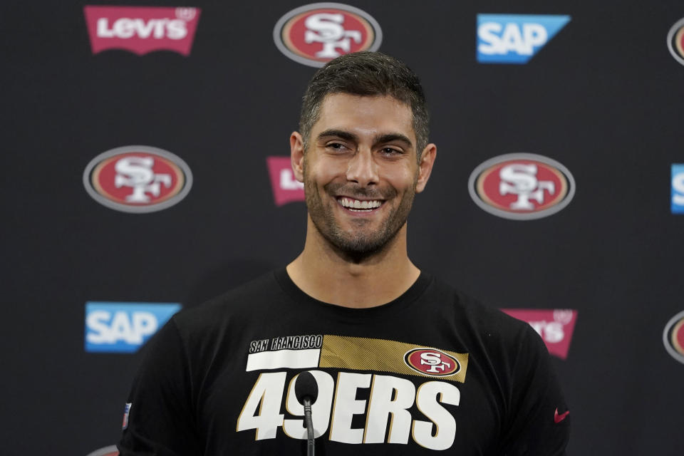 San Francisco 49ers quarterback Jimmy Garoppolo speaks during a news conference at NFL football training camp in Santa Clara, Calif., Wednesday, July 28, 2021. (AP Photo/Jeff Chiu)