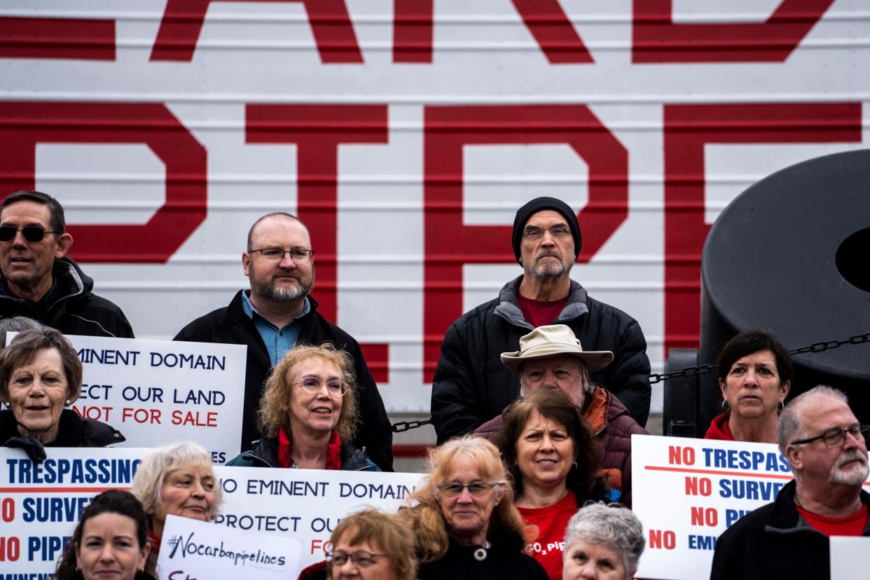 Opponents of carbon capture pipelines during a March rally at the Iowa State Capitol in Des Moines.