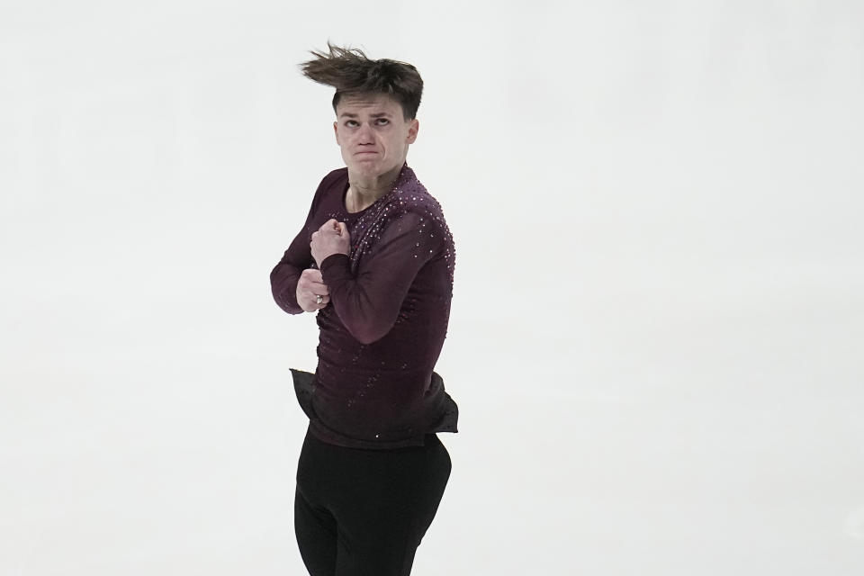 Maxim Naumov competes during the men's short program at the U.S. figure skating championships Friday, Jan. 26, 2024, in Columbus, Ohio. (AP Photo/Sue Ogrocki)