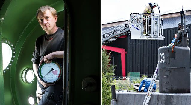 Peter Madsen stands inside the vessel in 2008 (left) and in 2017, Danish police technicians investigate the submarine. Source: AP