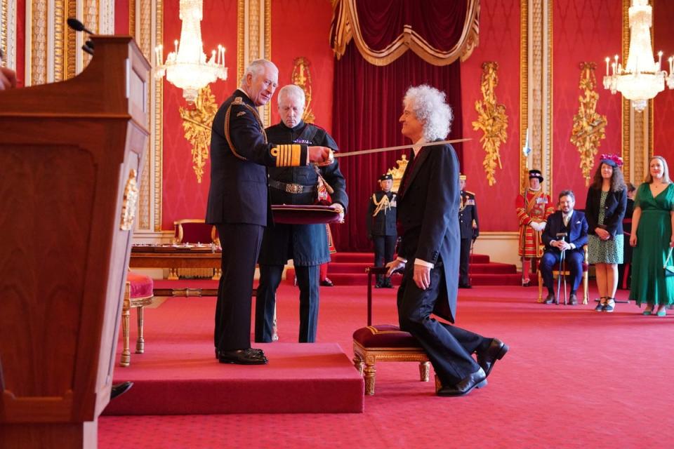 14 March 2023: Sir Dr. Brian May, musician, songwriter and animal Welfare Advocate, from Windlesham, is made a Knight Bachelor by King Charles III at Buckingham Palace (PA)