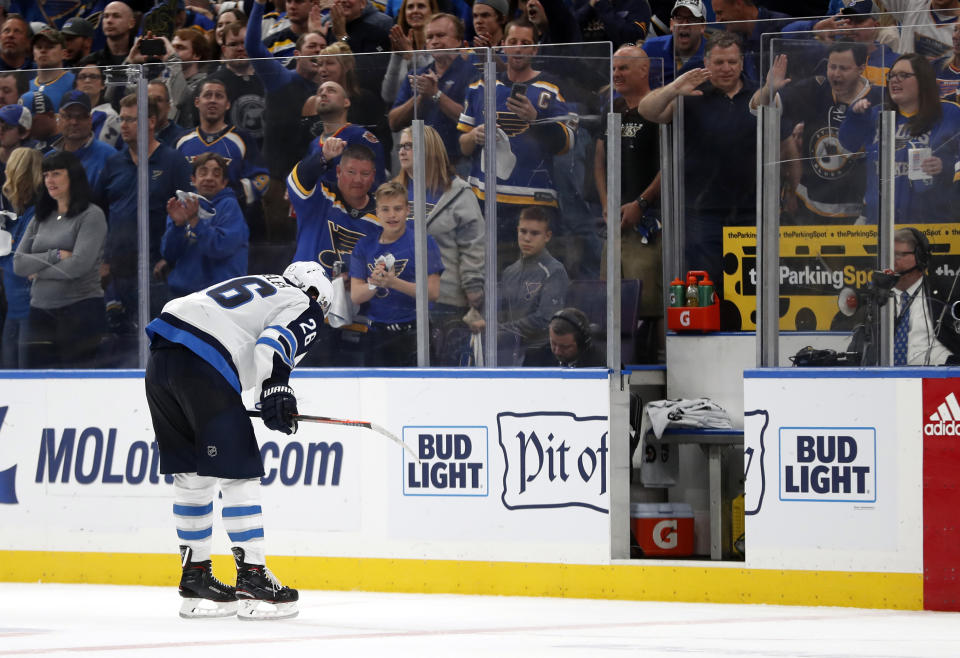 Winnipeg Jets’ Blake Wheeler heads to the penalty box with just over two minutes remaining in the third period in Game 6 of an NHL first-round hockey playoff series against the St. Louis Blues, Saturday, April 20, 2019, in St. Louis. (AP Photo/Jeff Roberson)